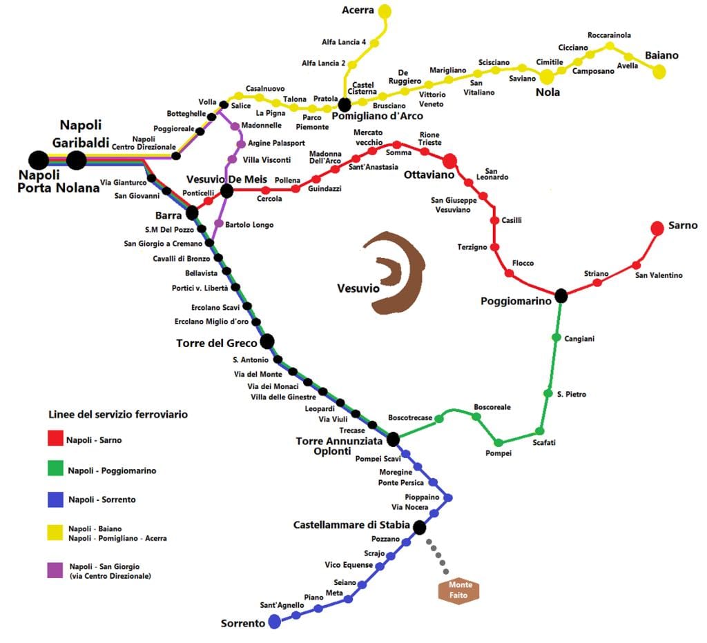 Mapa trasy pociągu чиркумвезувиана